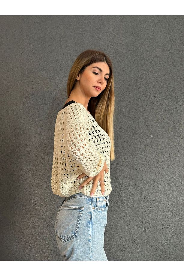 EL ÖRGÜSÜ DESENLİ DELİKLİ KADIN FİLE BLUZ TRİKO CROP S-M - 1
