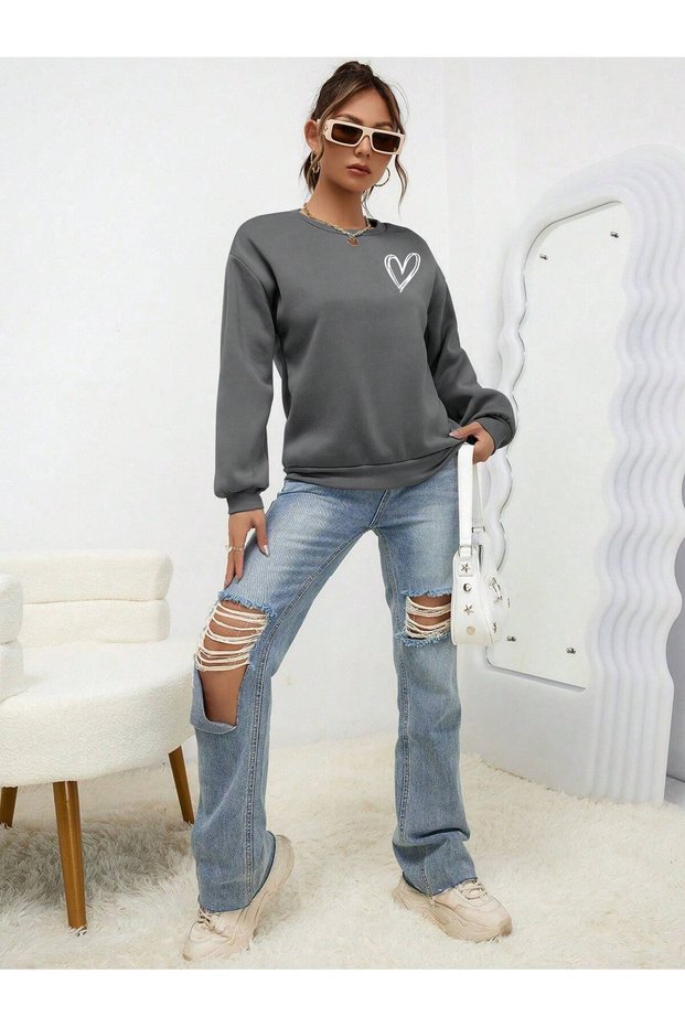 WOMEN'S HEART PRINT OVERSIZE ZERO COLLAR SWEATSHIRT DAXIS Sportwear Company