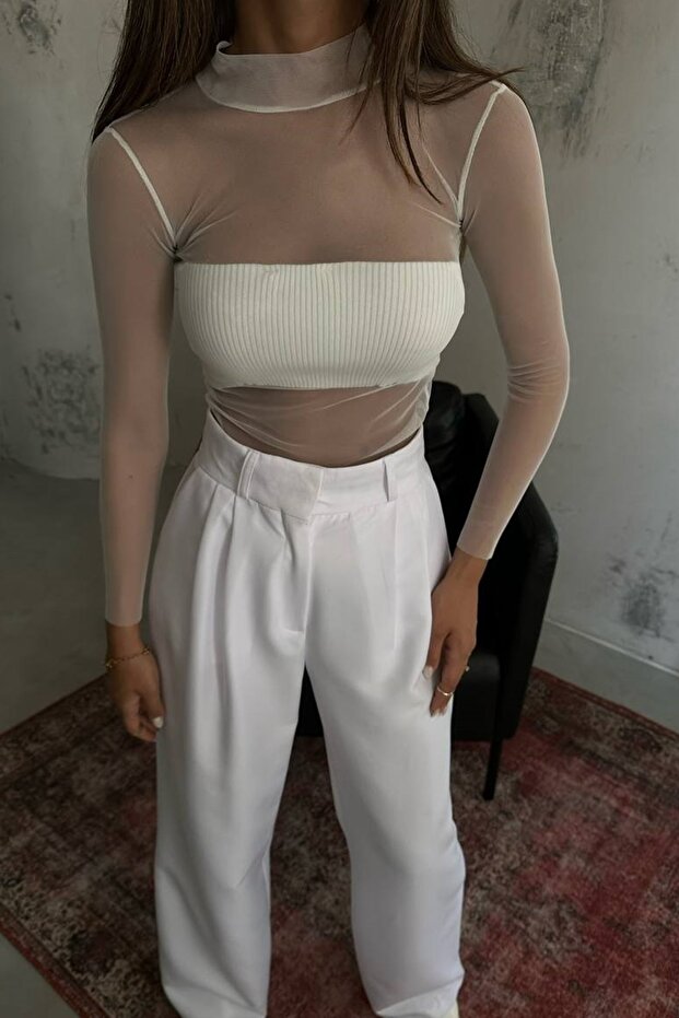New Season White Color Long Sleeve Tulle Blouse 23W15021