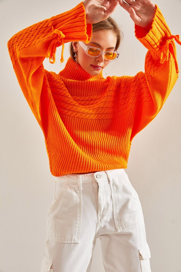Women's Orange Turtleneck Sleeves Lace-Up Patterned Knitwear Sweater 40991033