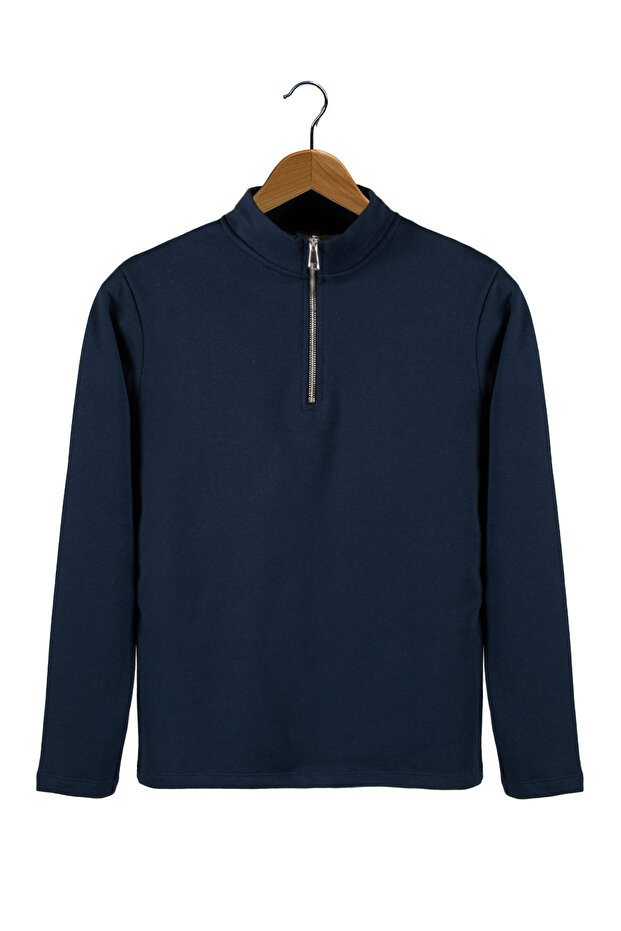 Men's Navy Blue Half Zipper Basic Plain Sweatshirt - 2