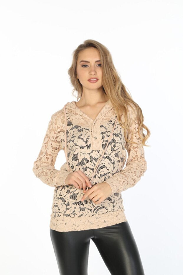 Kadın Bej Kapüşonlu Dantel Örme Bluz - 1