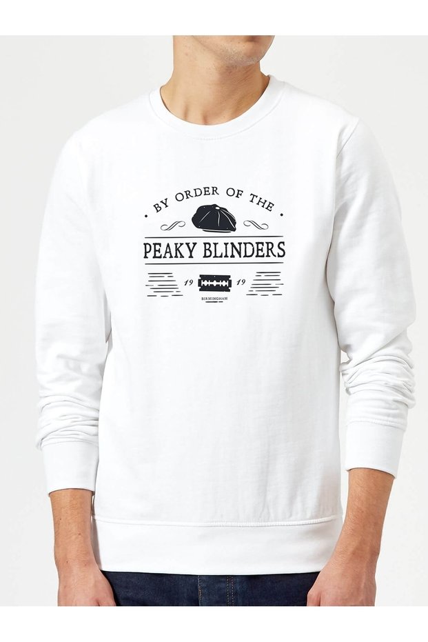 Peaky Blinders Tommy Shelby Birmingham Printed White Men's Knitted Sweatshirt Long Sleeve