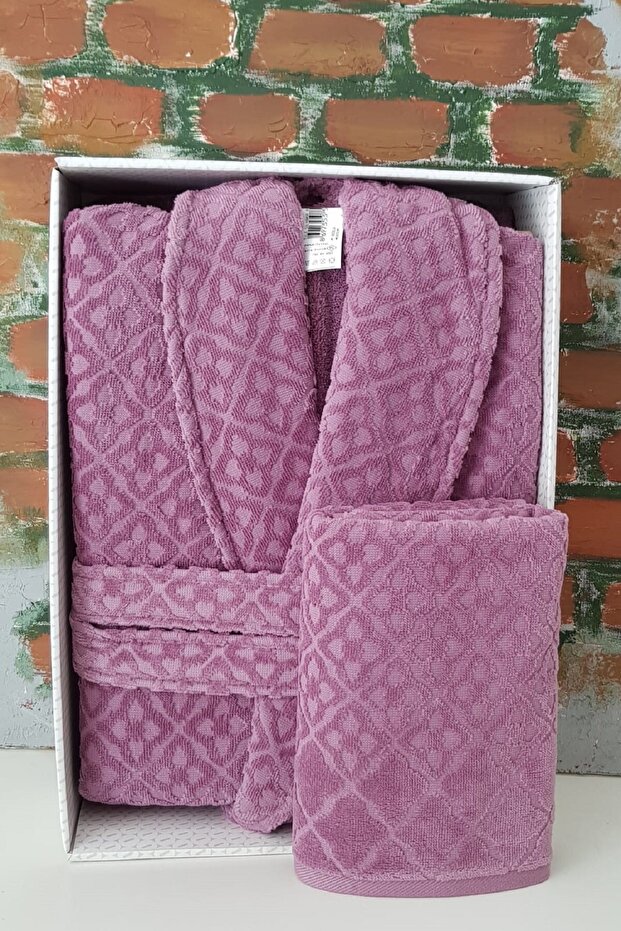 Size m Plum Tile Shawl Collar Bathrobe and Head Towel Set