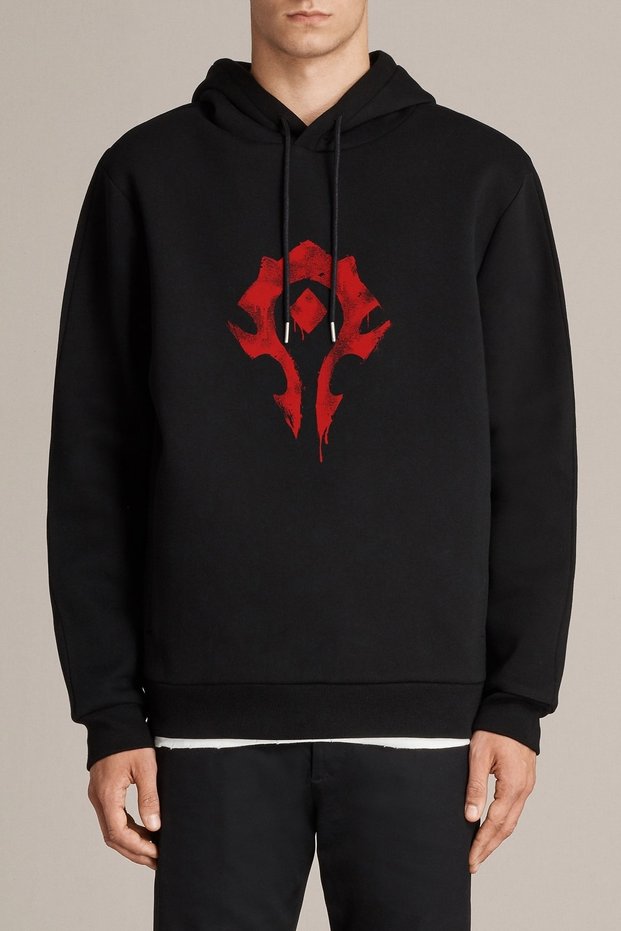 World Of Warcraft Horde Printed Black Men's Knitted Hooded Sweatshirt Long Sleeve