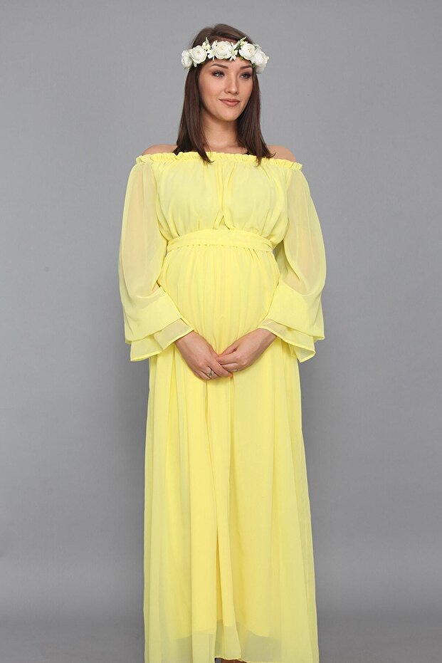 Sarı Dökümlü Hamile Elbisesi - 4