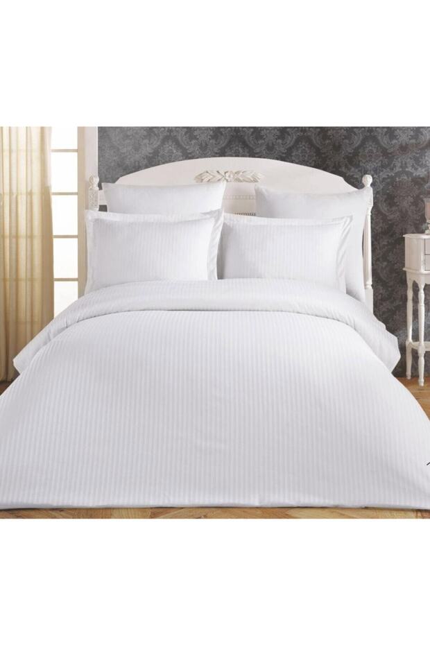 White Plain Striped Cotton Satin Double Duvet Cover Set
