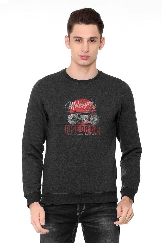 American Motorcycle Club Ride Or Die Printed Smoked Anthracite Men's Knitted Sweatshirt Long Sleeve