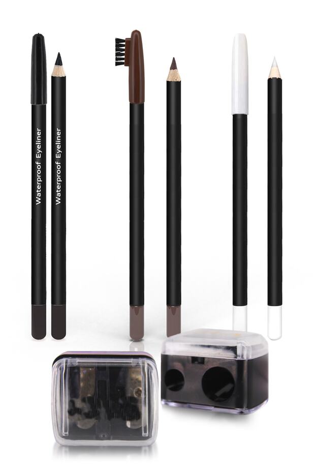 Black Eye Pencil + White Eye Pencil + Brown Eyebrow Pencil + Opener Set of 4