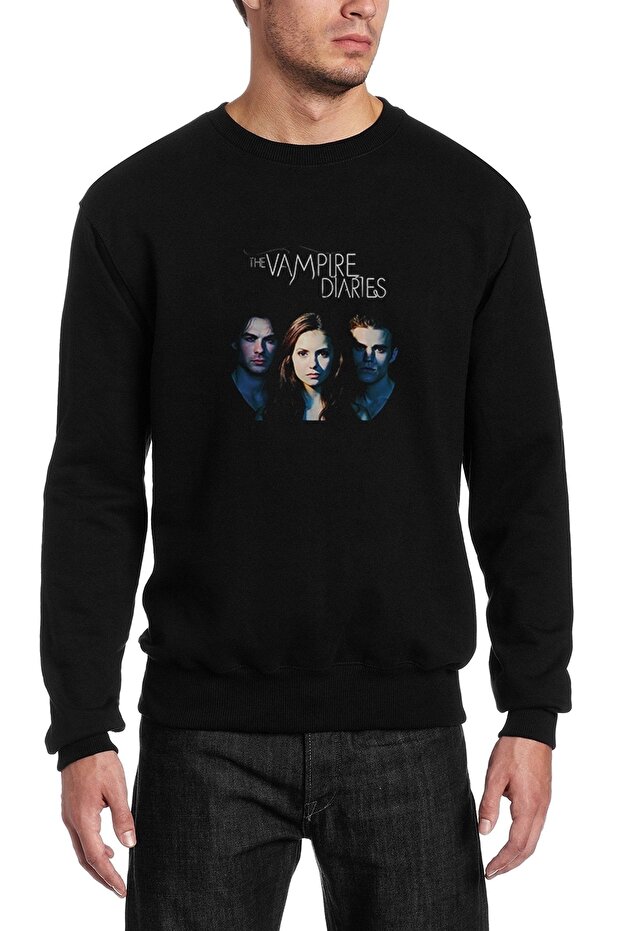 سويت شيرت رجالي أسود محبوك بأكمام طويلة مطبوع عليه عبارة "The Vampire Diaries Quotes