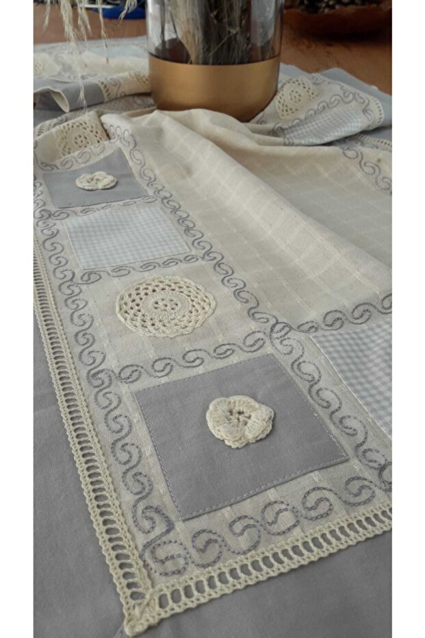 Mavi El Işi Patchwork Dantelli Naturel Runner - 2