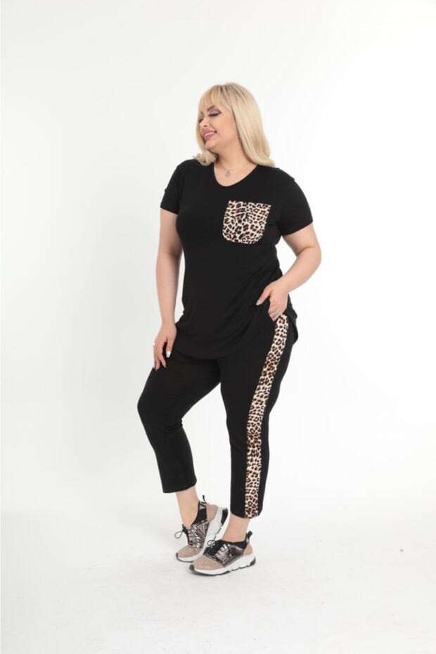 Women's Plus Size Black Summer Capri Tracksuit Set with Pocket and Stripe Leopard Detail