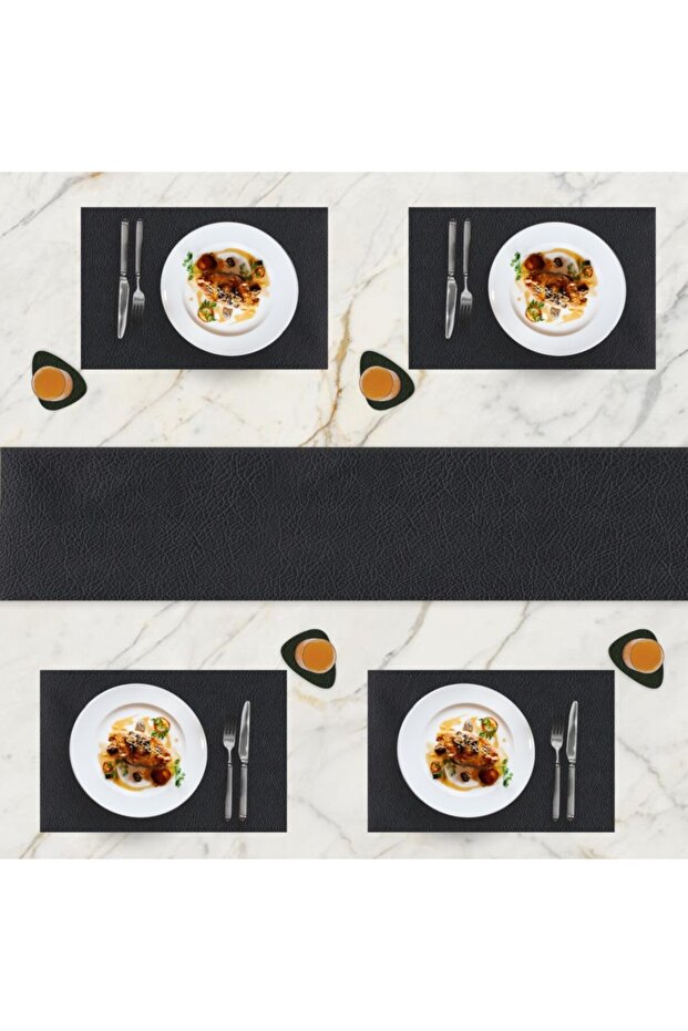 Premium Set Leather Black American Service for 6 People 1 Runner