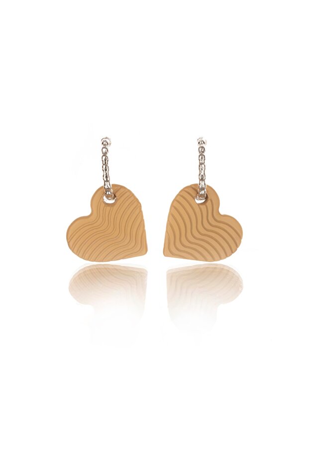 Matte Milk Coffee Color Antiallergic Striped Heart Earrings