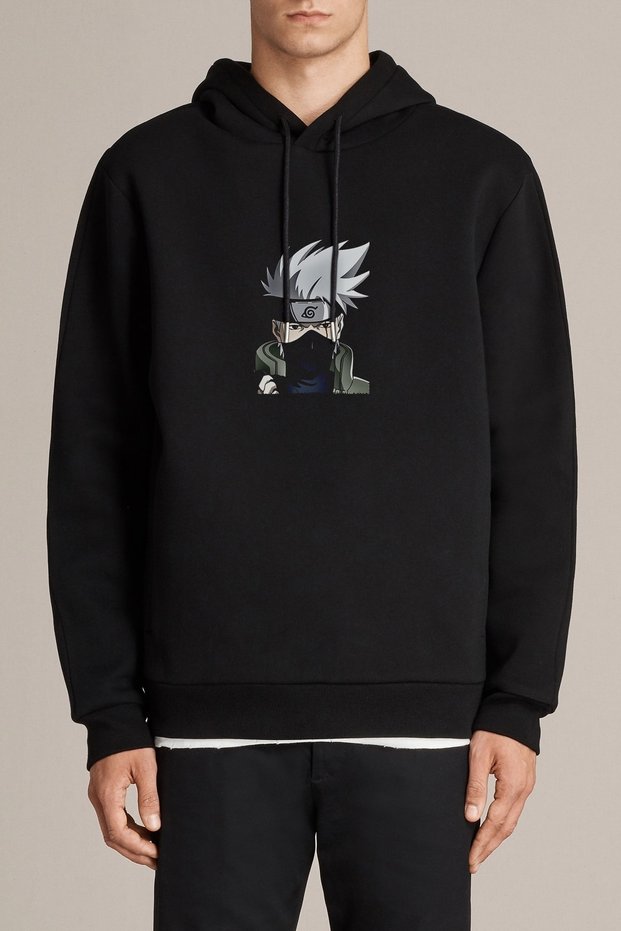 Anime Kakashi Printed Black Men's Knitted Hooded Sweatshirt Long Sleeve