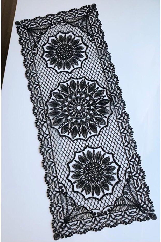 Honeycomb Pattern Anglez Cord Embroidered Tulle Runner Black Silver Glitter 120cm