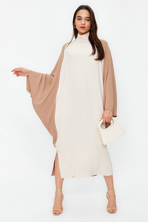 Taş Renk Bloklu Aerobin Dokuma Kaftan Elbise Jalabiya TCTSS24KK00000 - 4