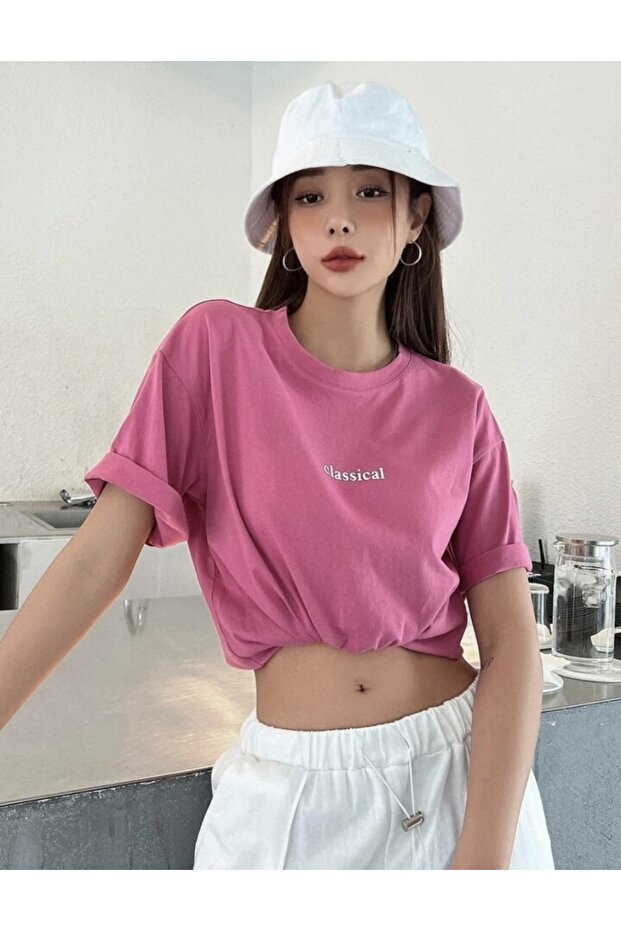 Pink Classical Printed Crew Neck Oversize T-shirt
