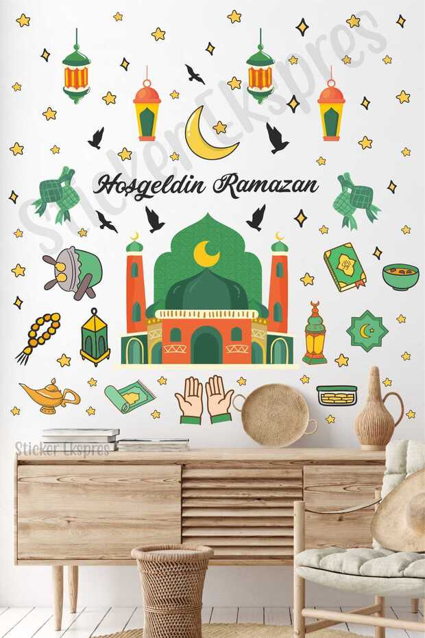Welcome Ramadan Colorful Ramadan Figures Glass Wall Door Sticker Set
