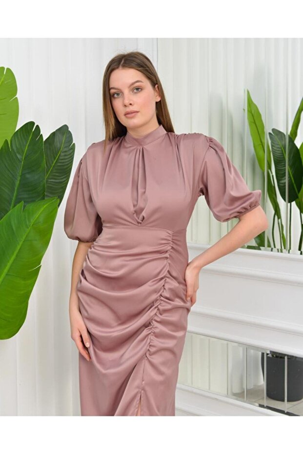 Saten Balon Kol Drapeli Elbise - 4