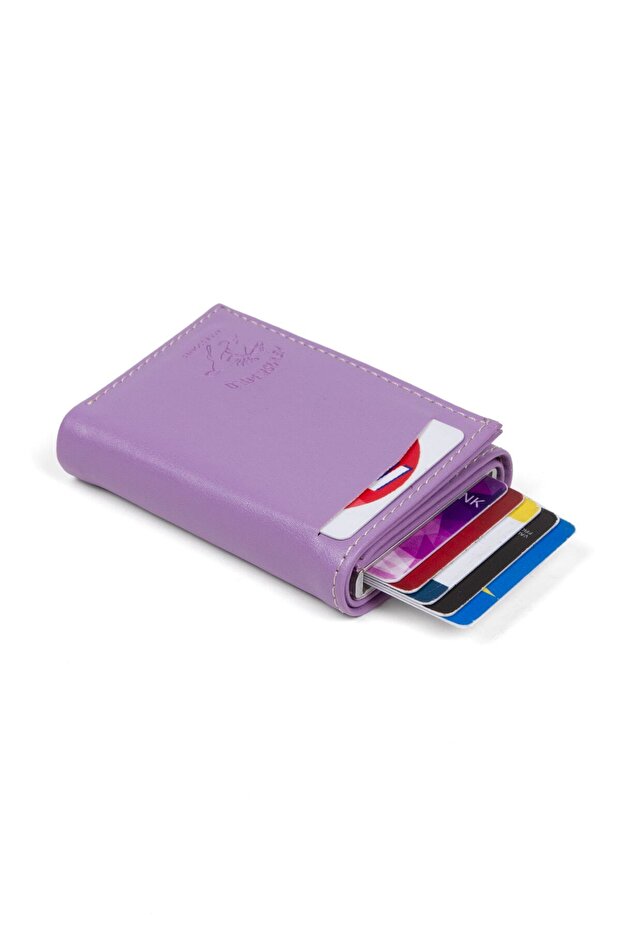 Women's Leather Mechanical Card Holder Wallet - Lilac