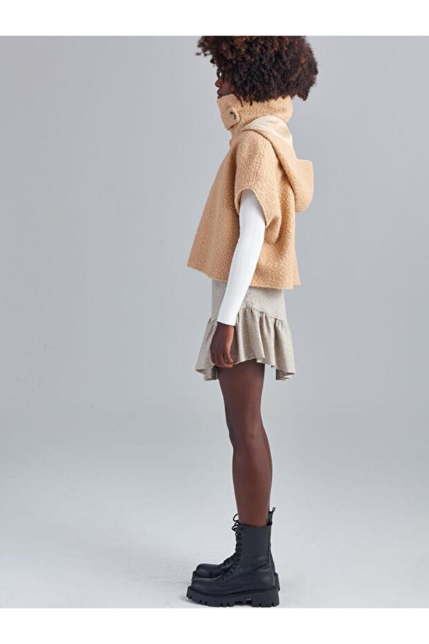 Kırçıllı Dokuma Mini Etek - Bej - 2
