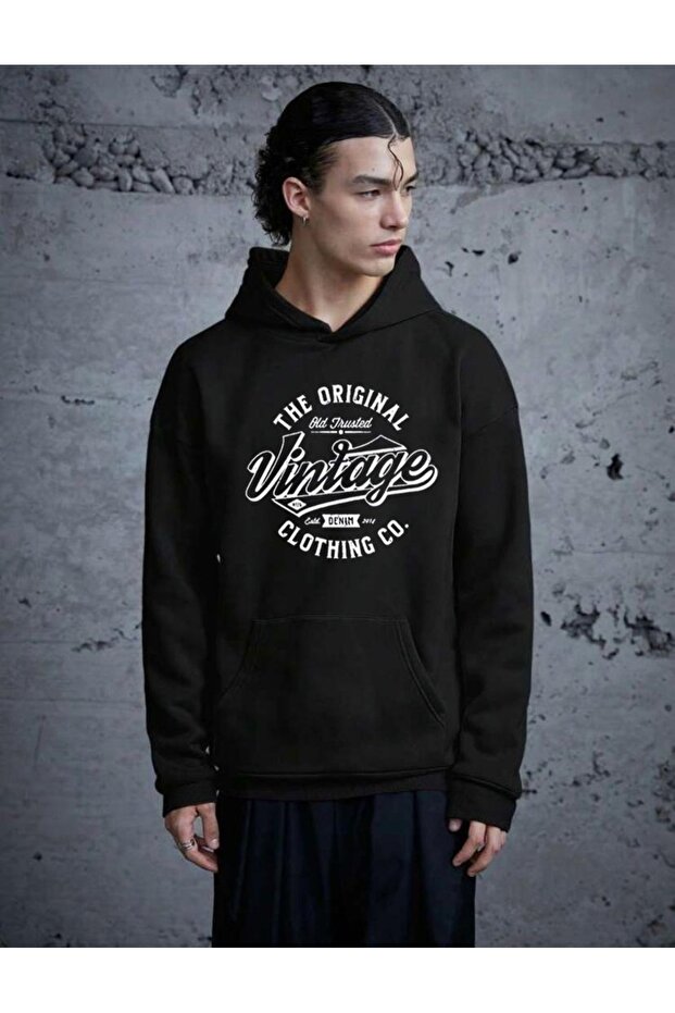BLACK HOODED VINTAGE PRINTED SWEATSHIRT HOODIE