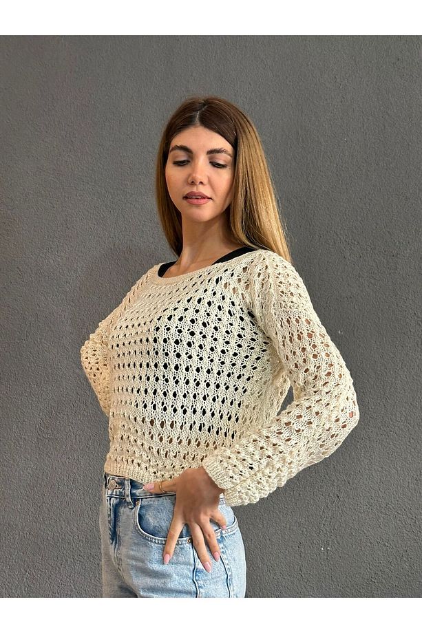 EL ÖRGÜSÜ DESENLİ DELİKLİ KADIN FİLE BLUZ TRİKO CROP S-M - 4