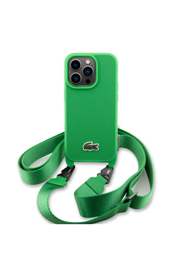 iPhone 15 Pro Max Kılıf Lacoste Lisanslı PU Pike Desen Askılı İkonik Timsah Logo Yeşil - 2