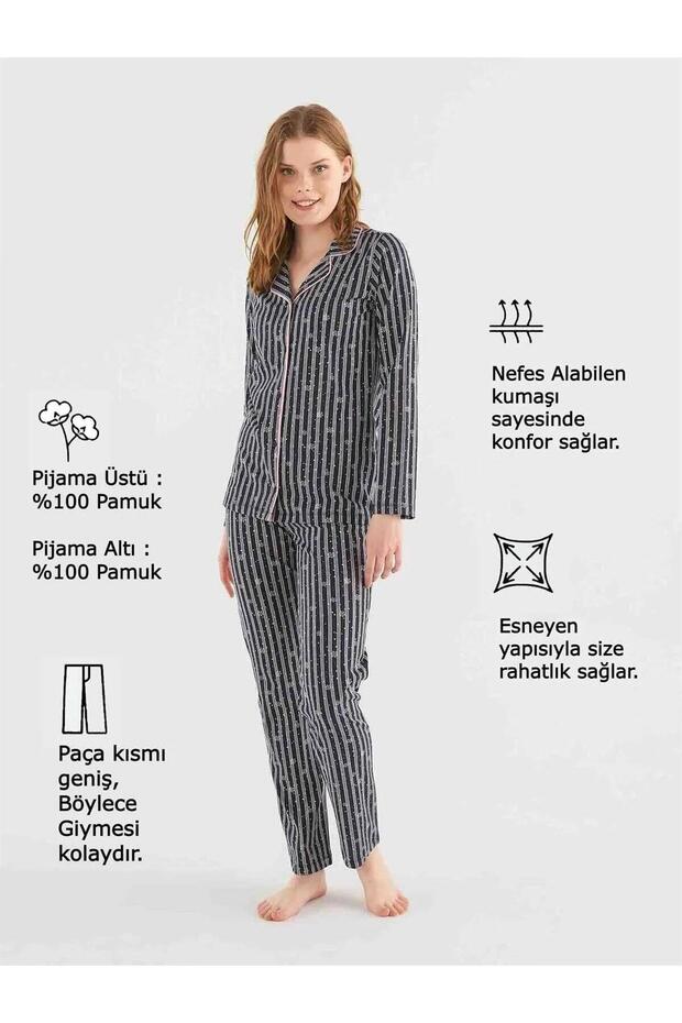 Mod 3793 Kar Tanesi Desenli Boydan Düğmeli Gömlek Pijama Takım - 3