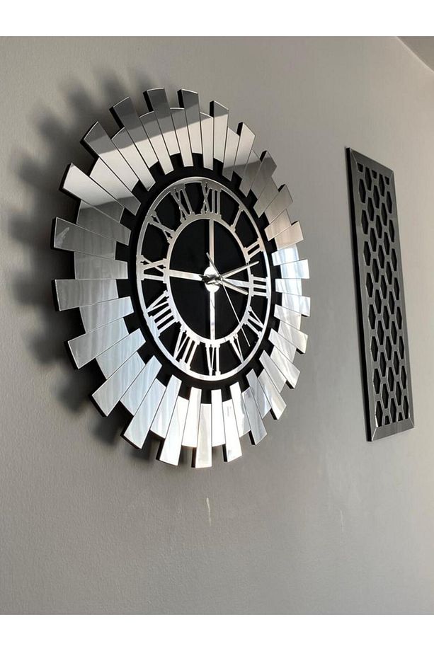 75 x 48 cm Gümüş 3 Lü Duvar Saati Seti 40 Cm Modern Roma Rakamlı Duvar Saati 18 x 48 Cm Petek Tablo - 2
