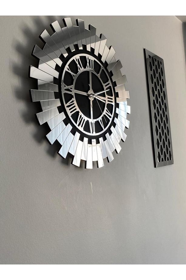 75 x 48 cm Gümüş 3 Lü Duvar Saati Seti 40 Cm Modern Roma Rakamlı Duvar Saati 18 x 48 Cm Petek Tablo - 6