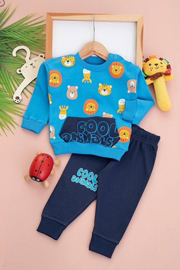 BABY BOY COOL ANIMALS PRINTED INTERLOK FABRIC 9-12-18-24 MONTHS SEASONAL SET
