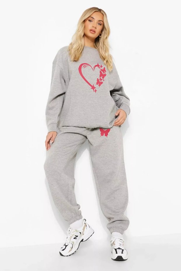 Women's Butterfly Heart Printed Sweatshirt Bottom Top Tracksuit Set