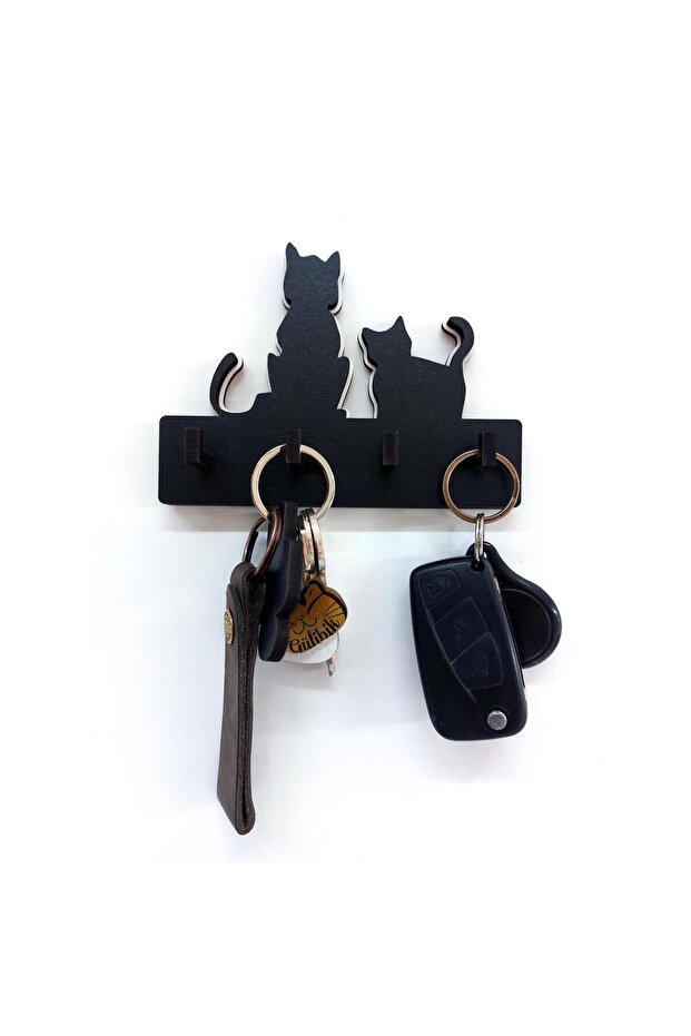 Wooden Cats Black and White Silhouette Wall Keychain - Hanger
