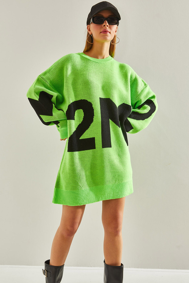 Women's Pistachio Green 2m Printed Oversize Knitwear Sweater Stk195