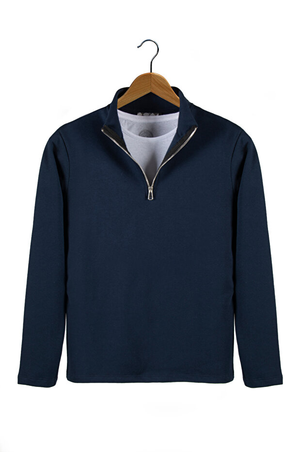 Men's Navy Blue Half Zipper Basic Plain Sweatshirt - 1