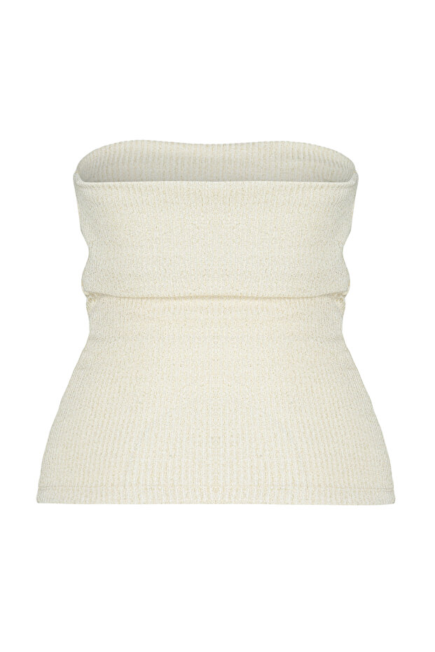 Ekru Drape Detaylı Lurexli/Simli Straplez Esnek Örme Bluz TWOSS24BZ00136 - 11