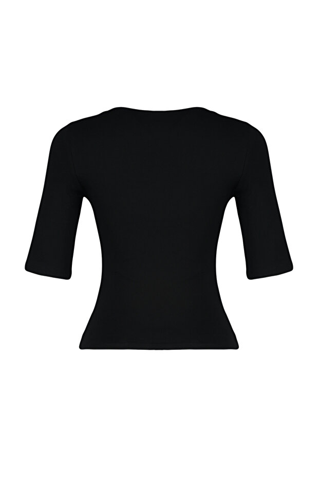 Siyah Fitted/Vücuda Oturan Kayık Yaka Kısa Kollu Pamuklu Esnek Örme Bluz TWOSS24BZ00076 - 8