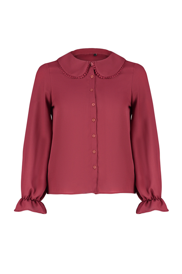 Bordo Bebe Yaka Ponpon Detaylı Regular Normal Kalıp Dokuma Gömlek TWOAW21GO0717 - 10