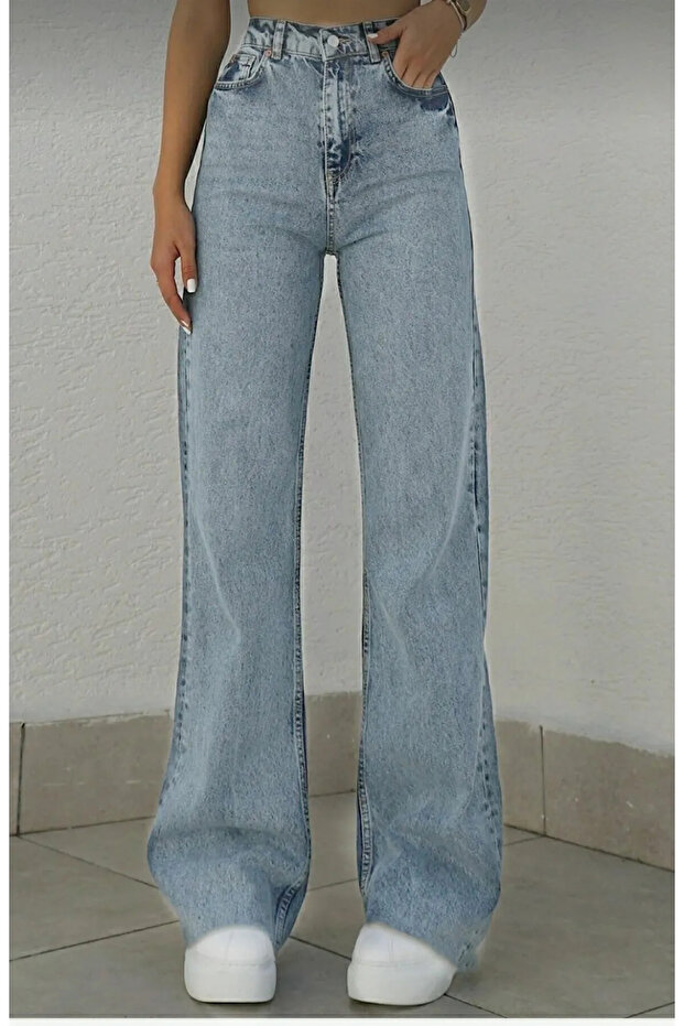 Snow Wash Loose Denim Trousers Blue Snow Lycra Palazzo