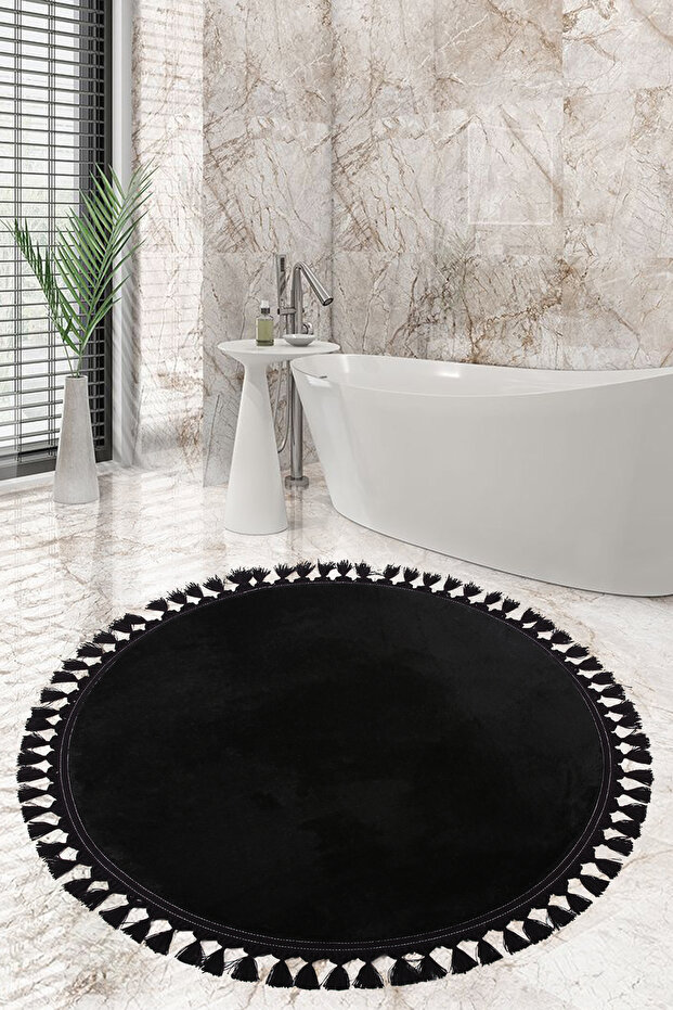 Relax Black Round 120x120 Cm Pompom Fringed Non-Slip Base Machine Washable Bath Mat