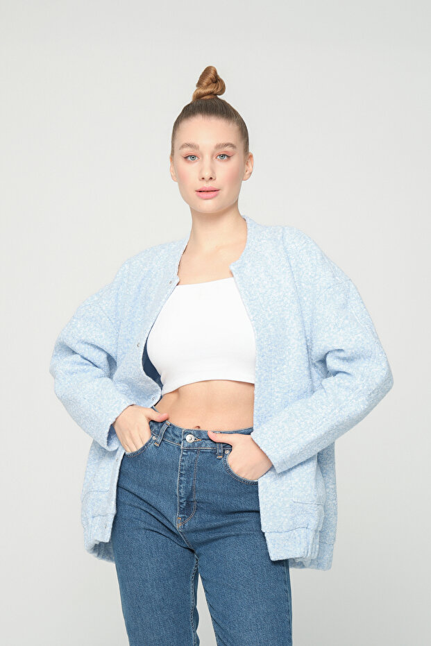 Ovesize Kaşe Bomber Ceket Mavi - 3