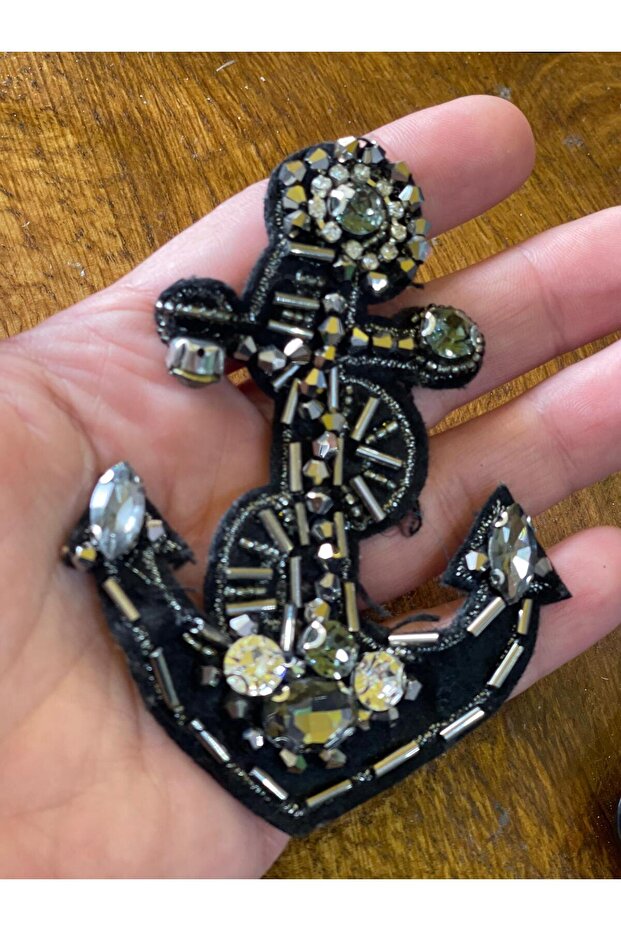 10x7 Cm Black Embroidery And Silver Stone Embroidered Anchor Applique Hobby Sewing Material