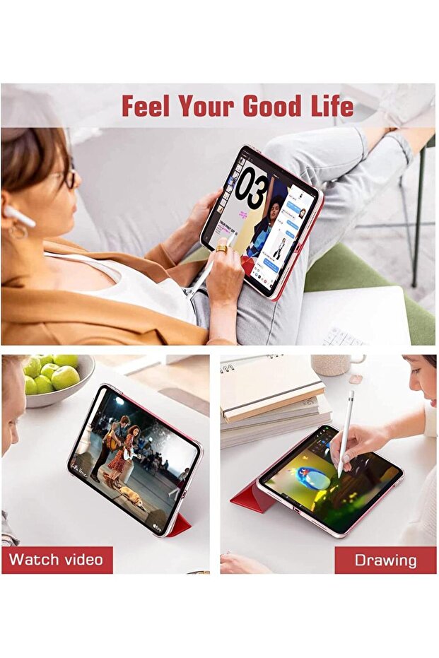 Apple Ipad Air 1 / 2 Ipad 5. / 6. Nesil 9.7 Kılıf Pu Deri Smart Case A1566 A1567 Kırmızı - 6