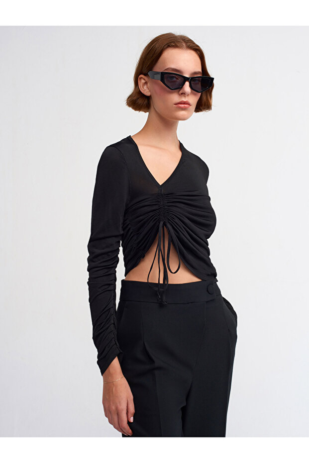 10364 Side V Front Gathered Sweater-Black