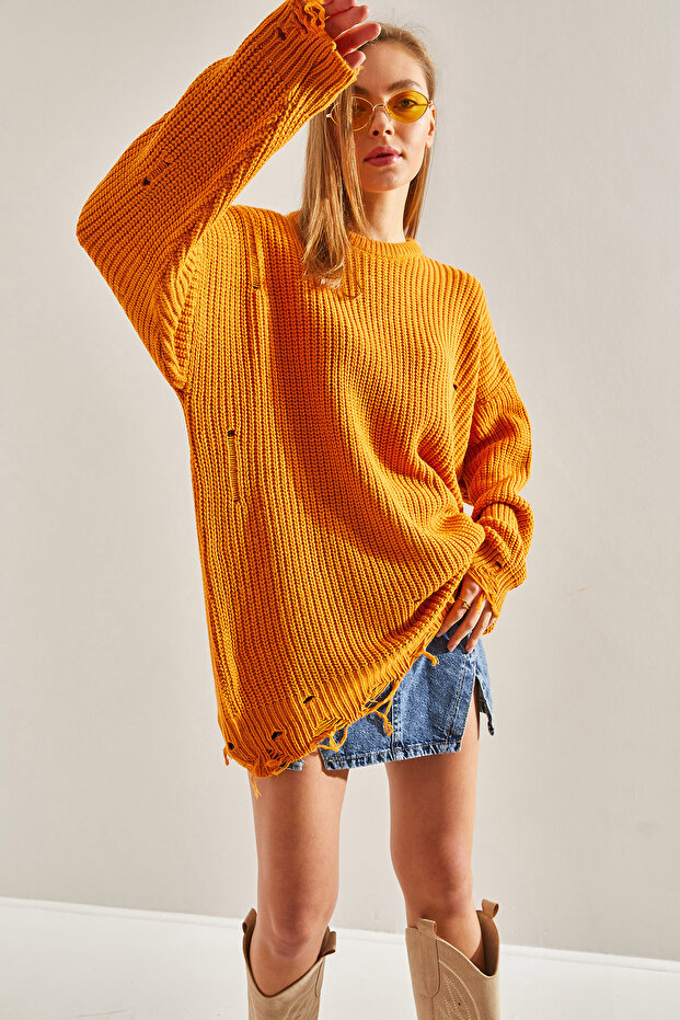 Women's Mustard Thessaloniki Knitted Openwork Detailed Oversize Knitwear Sweater Stk151