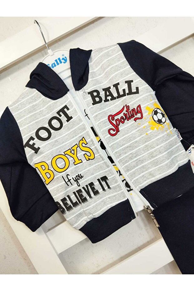 2-thread Seasonal 3-Piece Set, Football Ball Pattern, Text, Zipper, Hooded Bottom and Top Set,