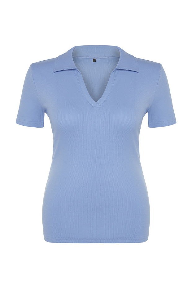Mavi Polo Yaka Vücuda Oturan Fitilli Örme Bluz TBBSS22BZ0750 - 6
