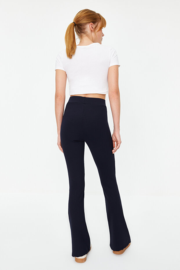 Lacivert Fitilli Flare/İspanyol Paça Yüksek Bel Esnek Örme Tayt Pantolon TWOSS23PL00135 - 5